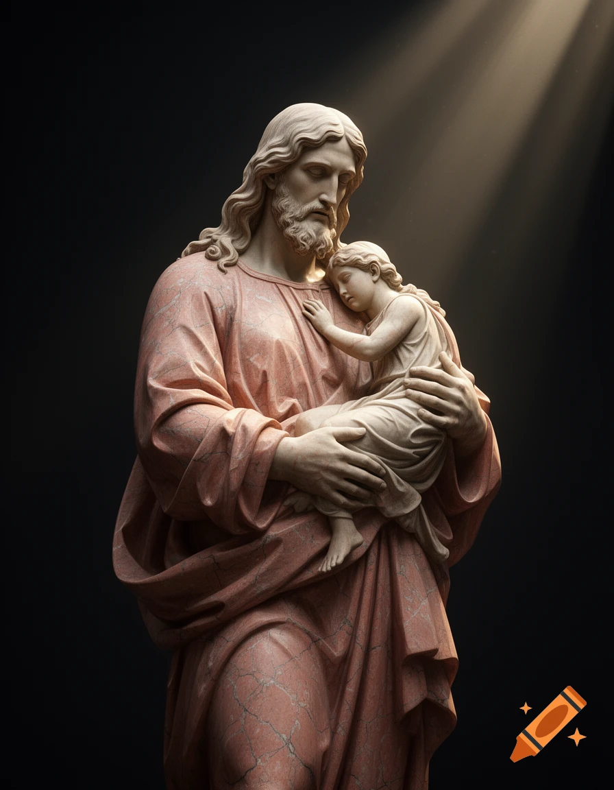 Pink marble statue of Jesus holding a grieving woman, illuminated by divine light on a dark background.