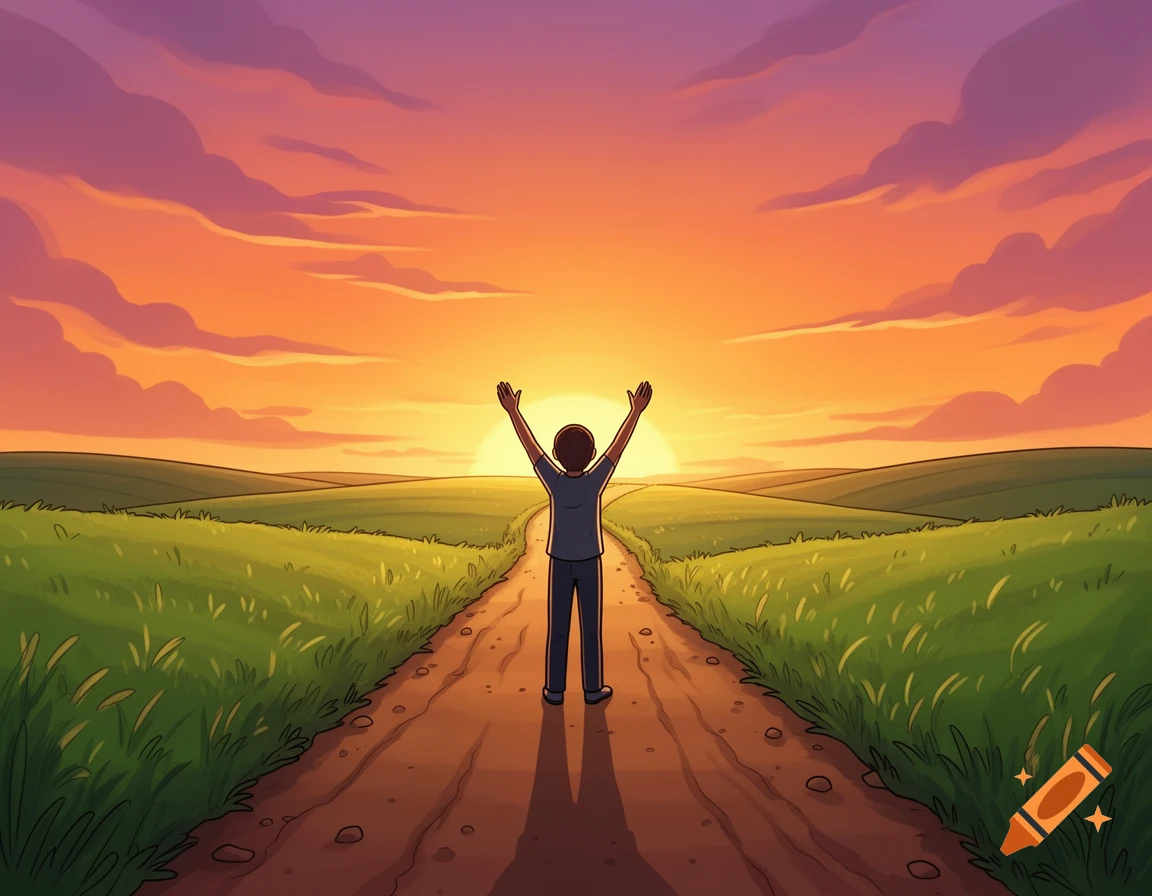 A cartoon image of a person with raised hands standing on a dirt road, facing a vibrant orange and purple sunset over rolling green hills.