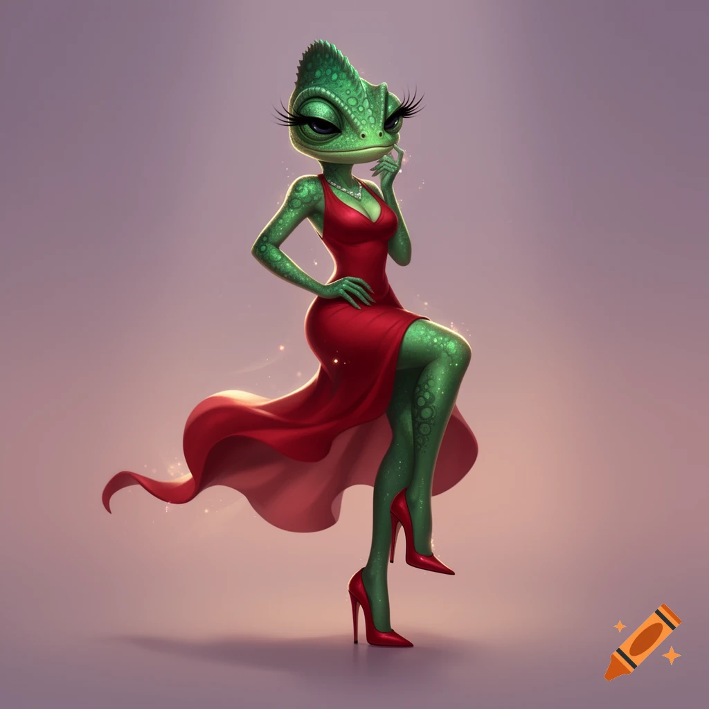 A green anthropomorphic cartoon chameleon in a red dress and high heels, striking a seductive pose.