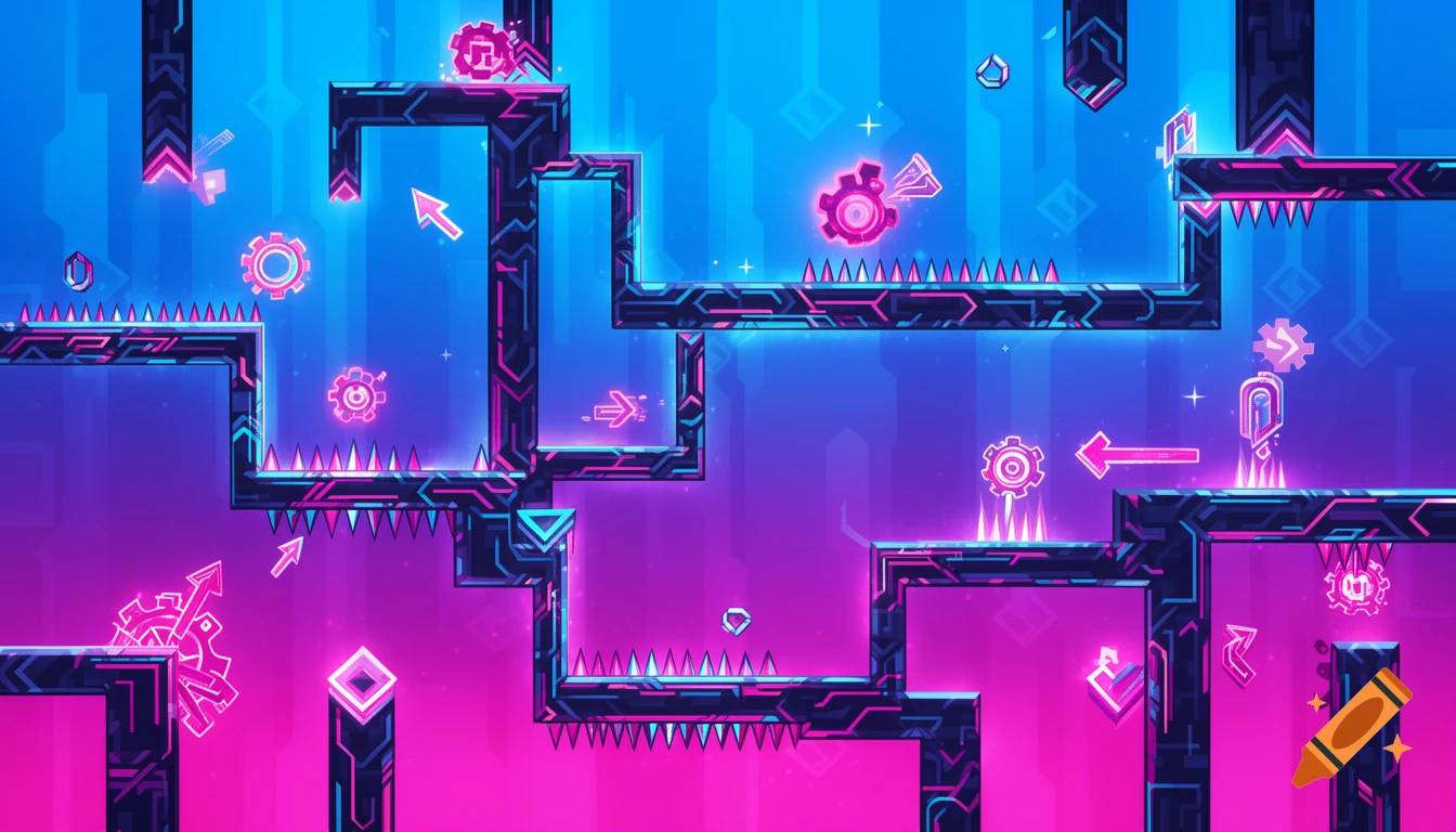 Vibrant, neon-lit geometric video game level with platforms, spikes, and glowing gears on a blue-purple gradient background.