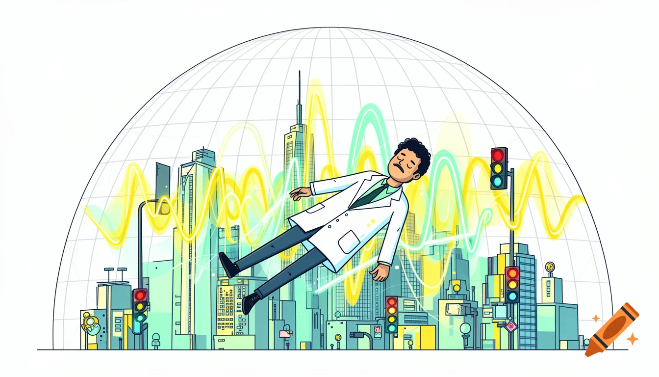 Flat 2D vector illustration of a man in a lab coat floating over a city with skyscrapers, enclosed by a grid dome and soundwaves.