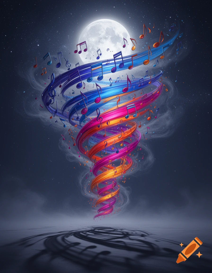 A vibrant, colorful musical note tornado swirls upwards under a bright full moon in a starry night sky.