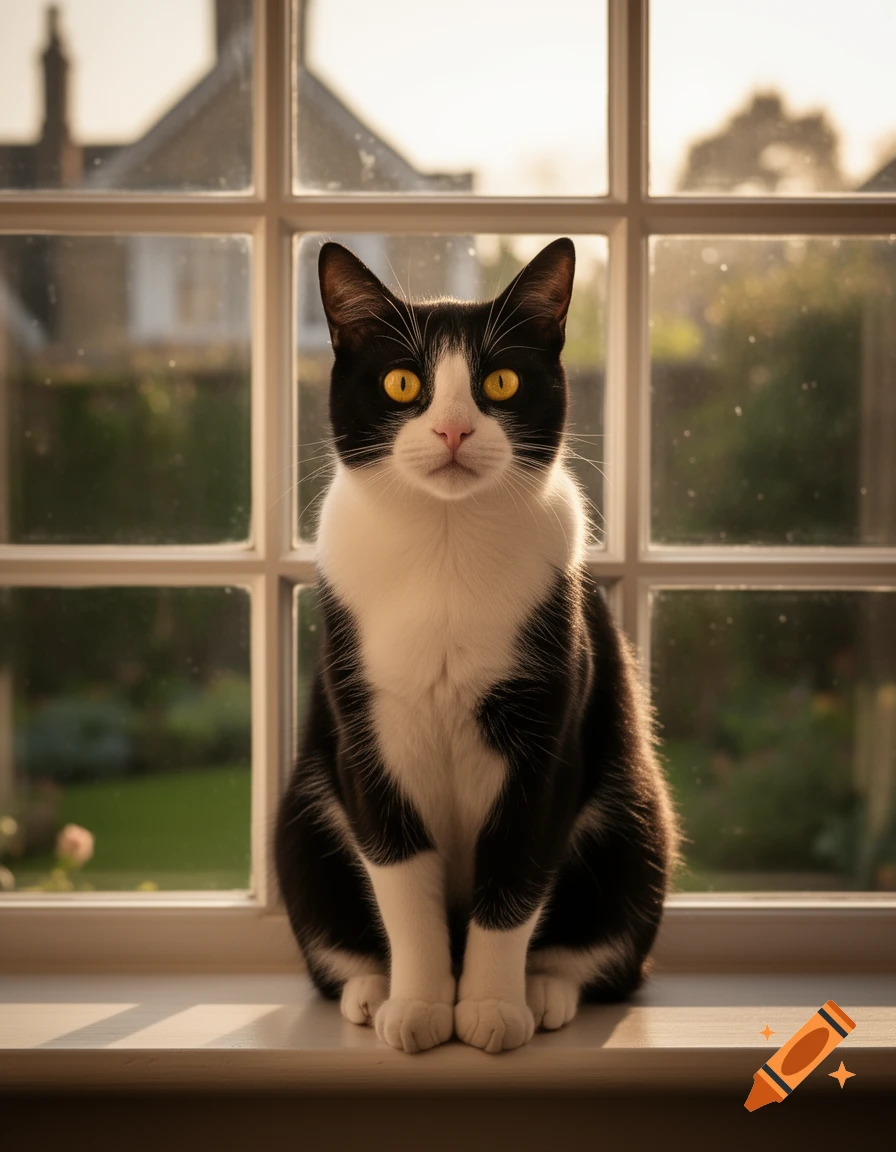 A photorealistic black and white cat with bright yellow eyes sits on a window sill, looking forward.