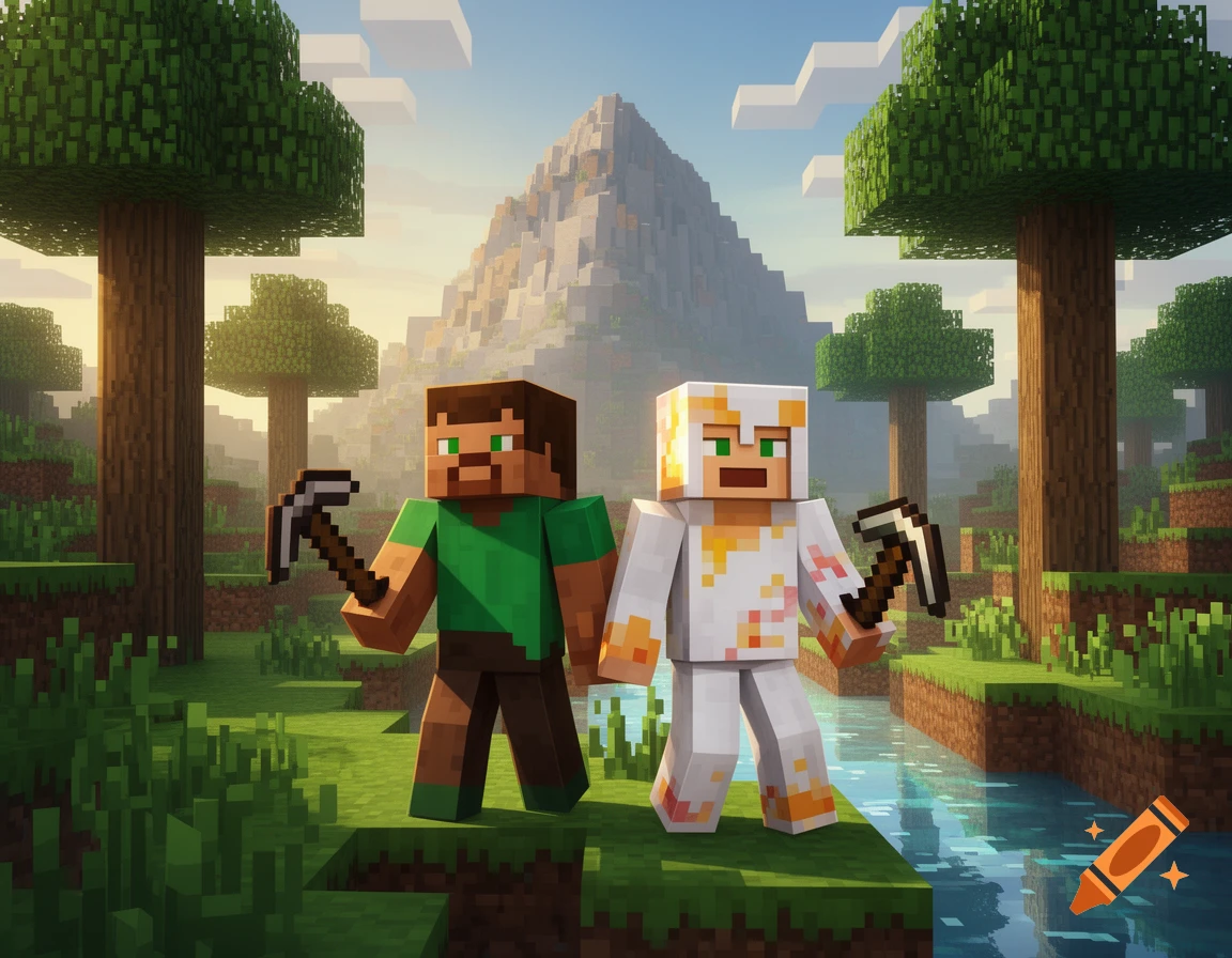 Two blocky Minecraft characters, one in a green shirt and brown pants, the other in a white and orange outfit, stand with pickaxes in a sunny blocky landscape with trees and a river.