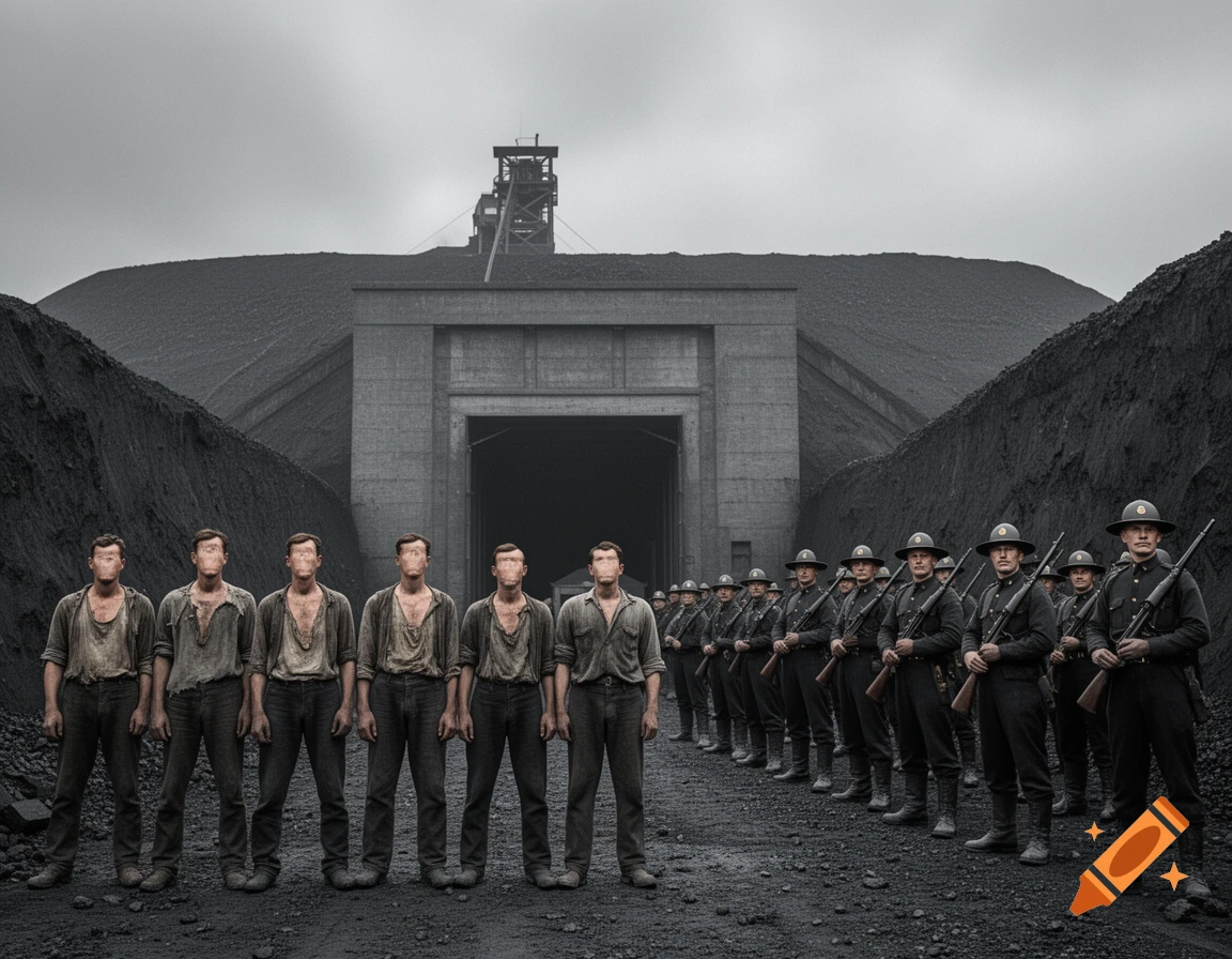 Turn of the century-era miners with blank mouths stand before a coal mine, facing national guardsmen with rifles.