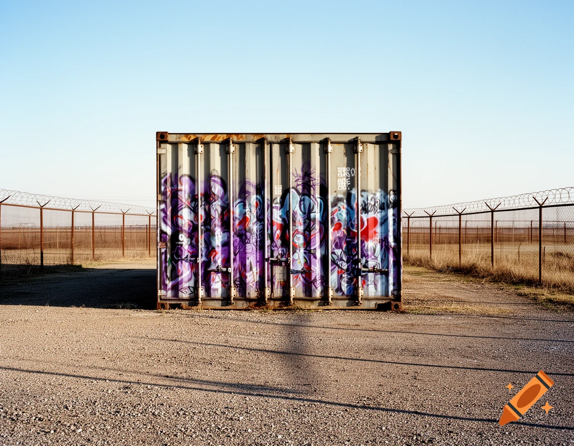 A graffiti-covered shipping container stands on a gravel ground, flanked by barbed wire fences under a clear blue sky.