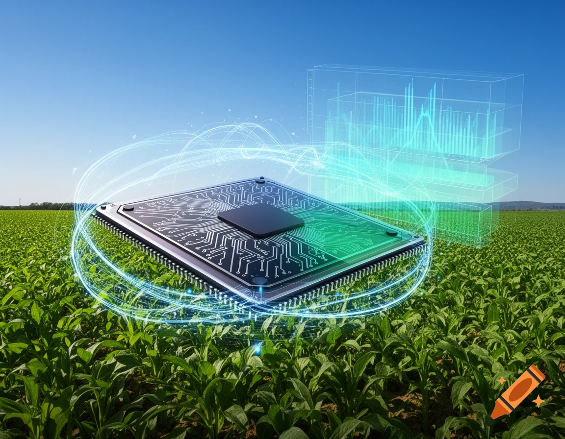 A large glowing semiconductor chip floats above a green crop field with holographic data visualizations in a clear blue sky.