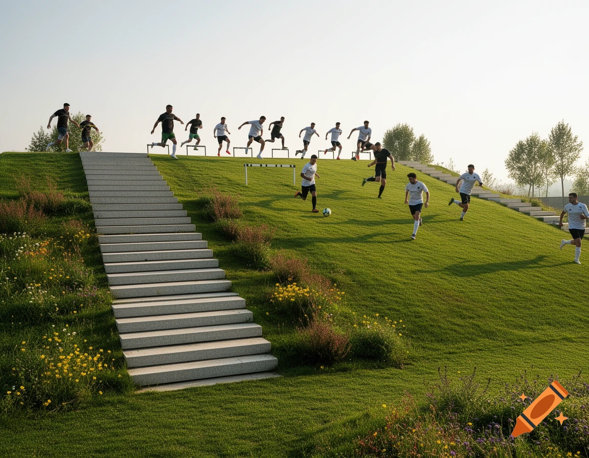 Photorealistic image of soccer players training on a large grassy hill with a long concrete staircase, under a bright sky.