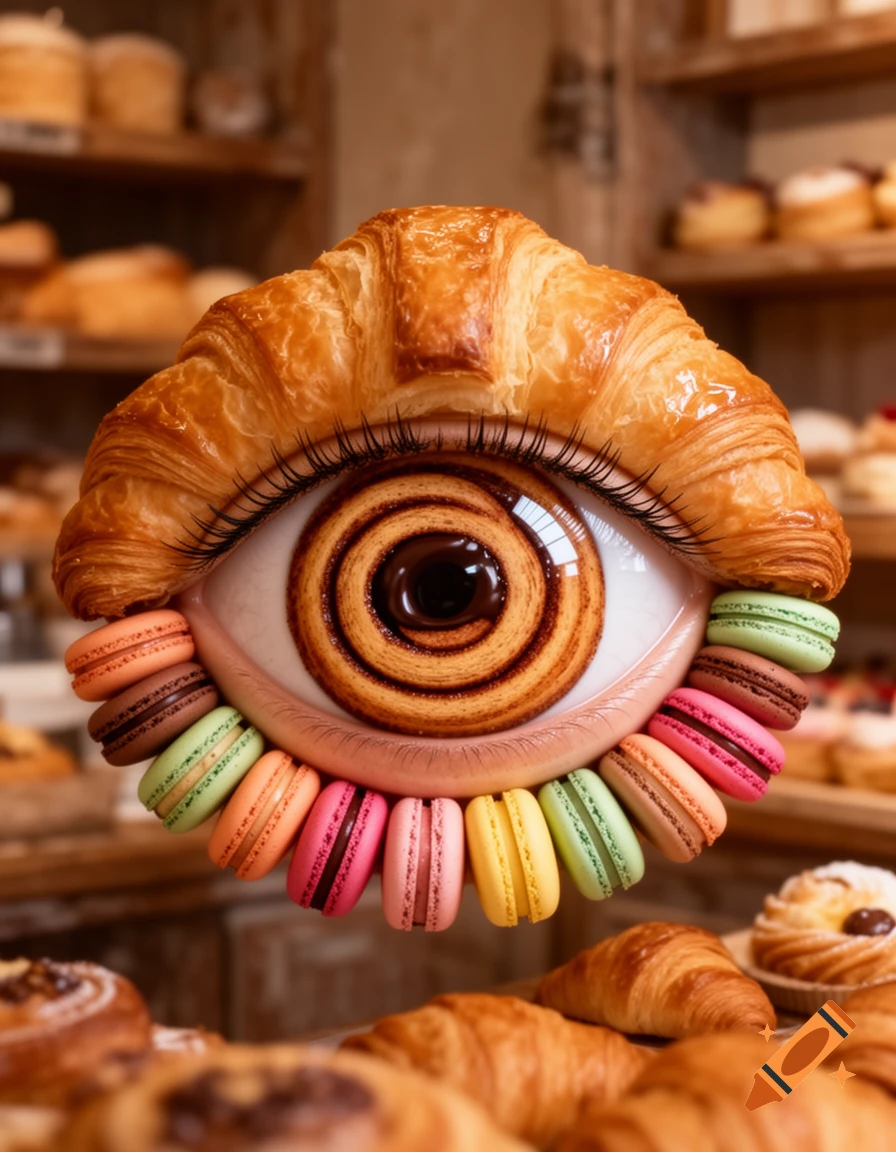 A surreal eye with a croissant for an eyelid, a cinnamon roll for an iris, and macarons as lashes, in a bakery.