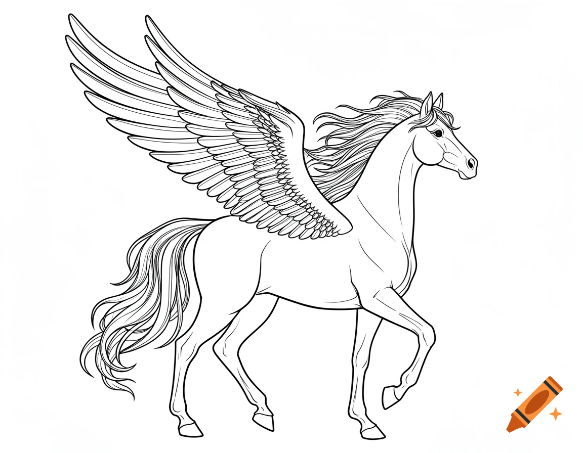 A clean black and white line art outline of a majestic winged horse (Pegasus) in a proud, dynamic profile stance, facing right.