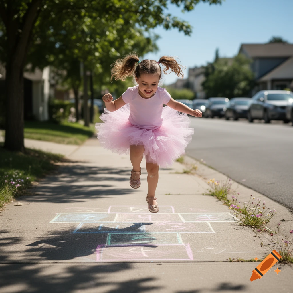 A joyful little girl in a pink tutu jumps while playing hopscotch on a sunny sidewalk.