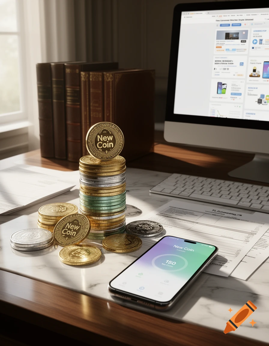 A stack of golden and silver 'New Coin' cryptocurrency coins next to a smartphone displaying 'New Coin 150' on a desk with a computer.