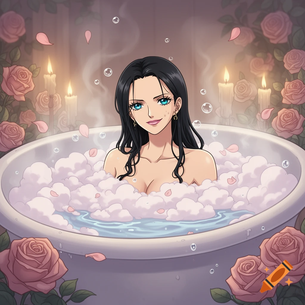 Anime depiction of Nico Robin from One Piece smiling in a bubble bath, surrounded by pink roses and lit candles.
