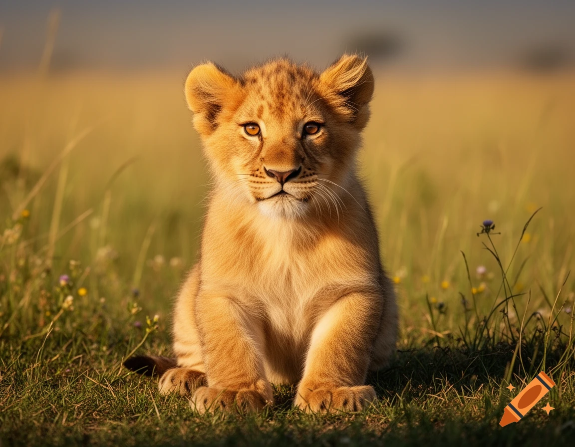 A cute lion cub sits in a sunlit grassy field, looking directly at the viewer. It has golden fur and bright eyes.