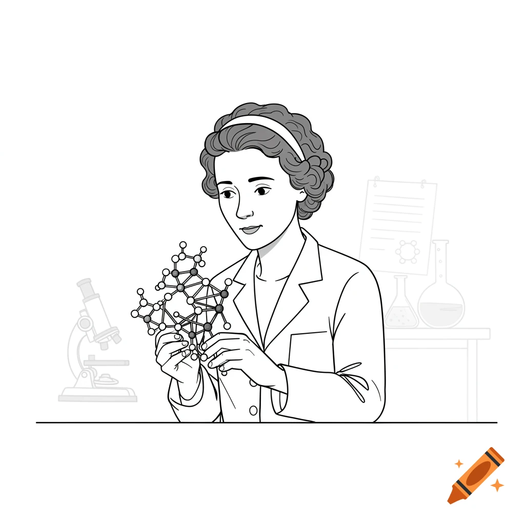 A black and white line art cartoon of Rosalind Franklin in a lab, holding a molecular model. A microscope and beakers are in the background.
