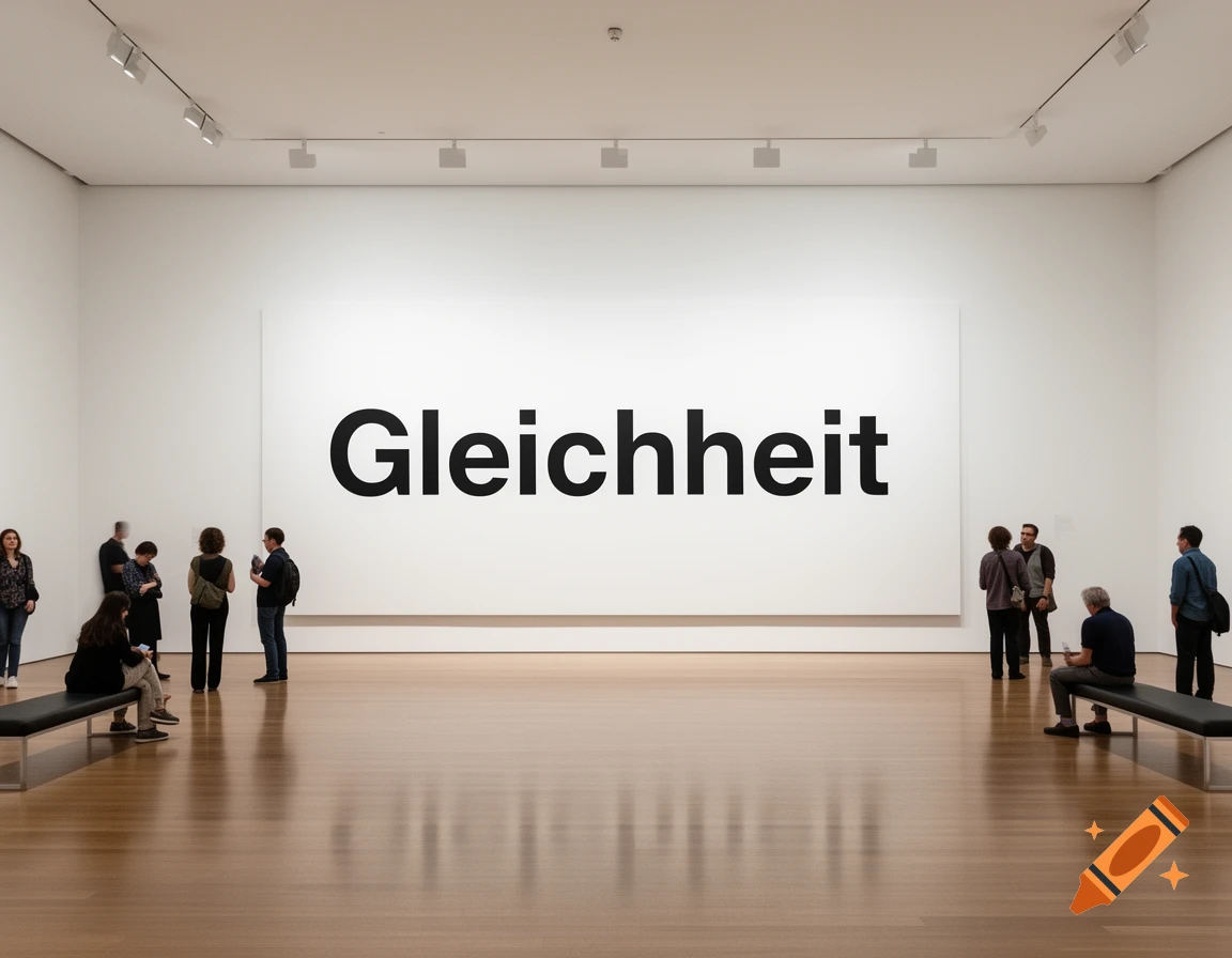 A modern art gallery with people viewing a large white canvas displaying the word 'Gleichheit' in bold black letters.
