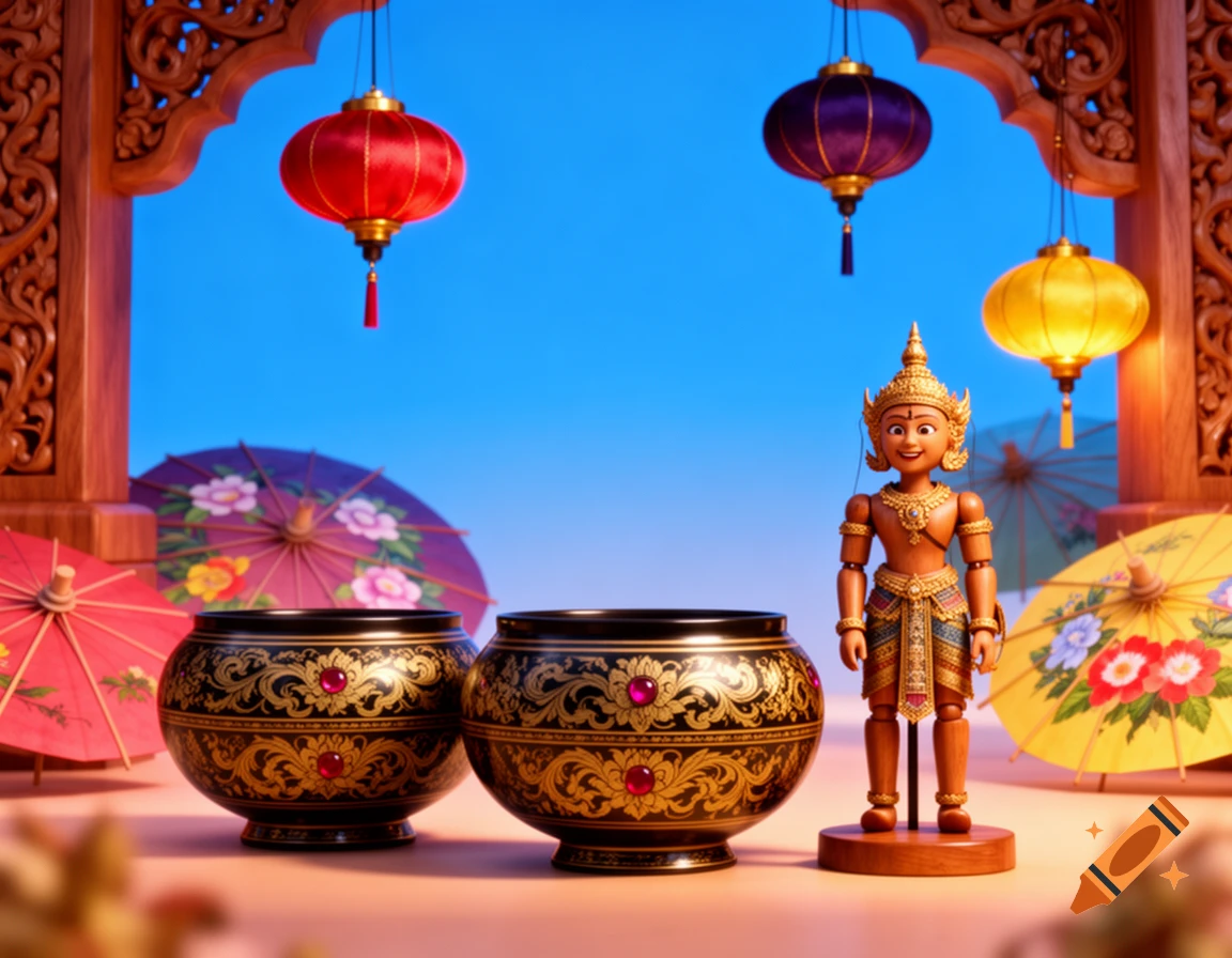 3D Pixar-style scene with a wooden doll in traditional Myanmar attire, ornate bowls, hanging lanterns, and decorative umbrellas against a blue sky.