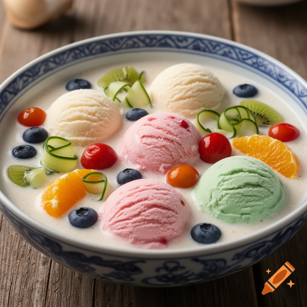 A bowl of vanilla, strawberry, and mint ice cream scoops in milk, garnished with blueberries, orange, kiwi, cucumber, and small fruits.