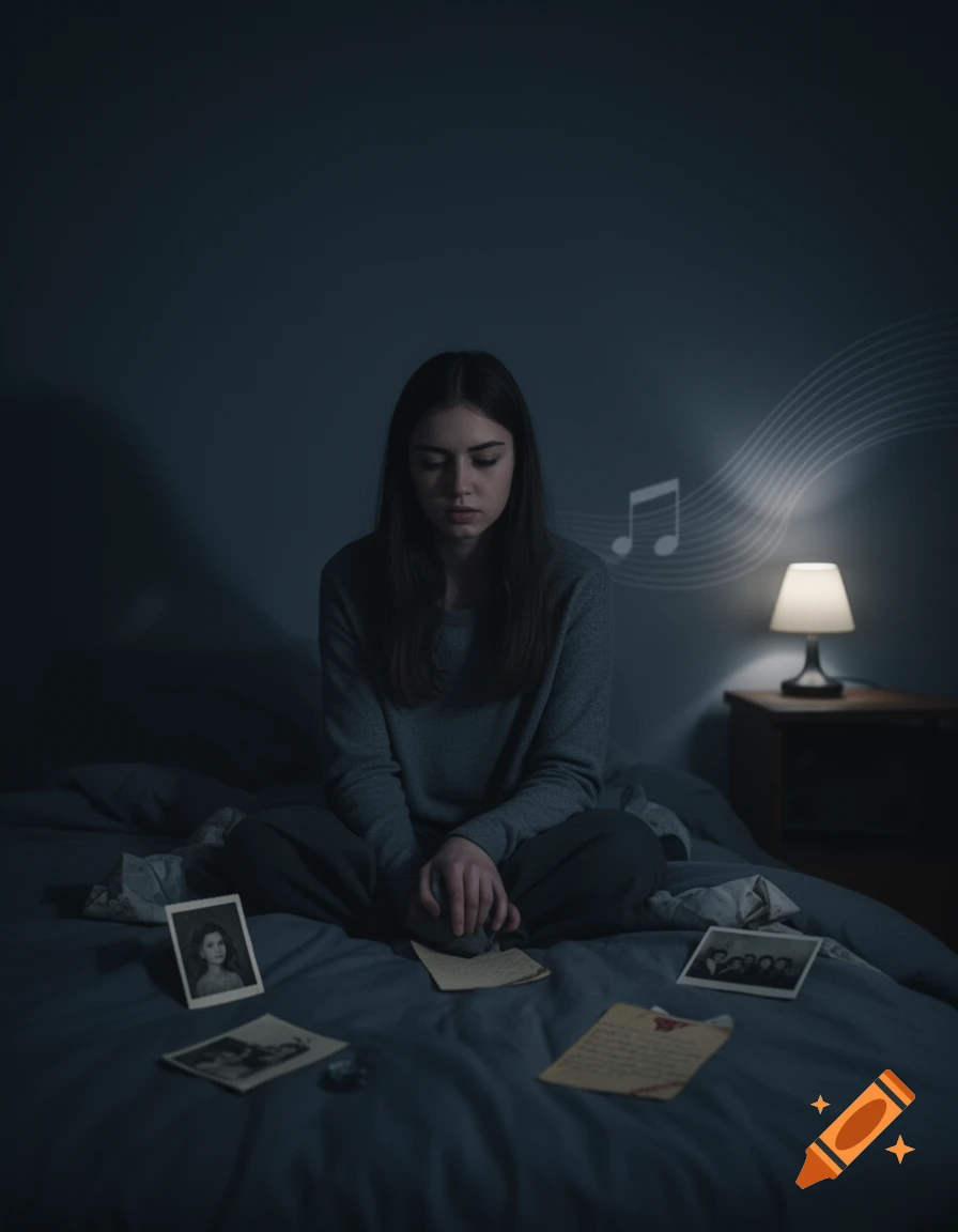 A somber young woman sits cross-legged on a dark bed in a dimly lit room, surrounded by old photos and letters. Musical notes float above a lamp on a nightstand.