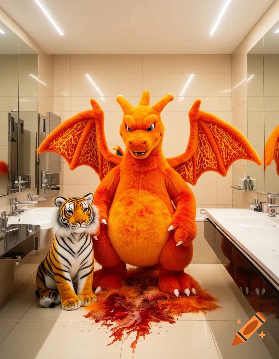 A furry Charizard fursuit stands over a red, bloody mess on a bathroom floor next to a plush tiger.