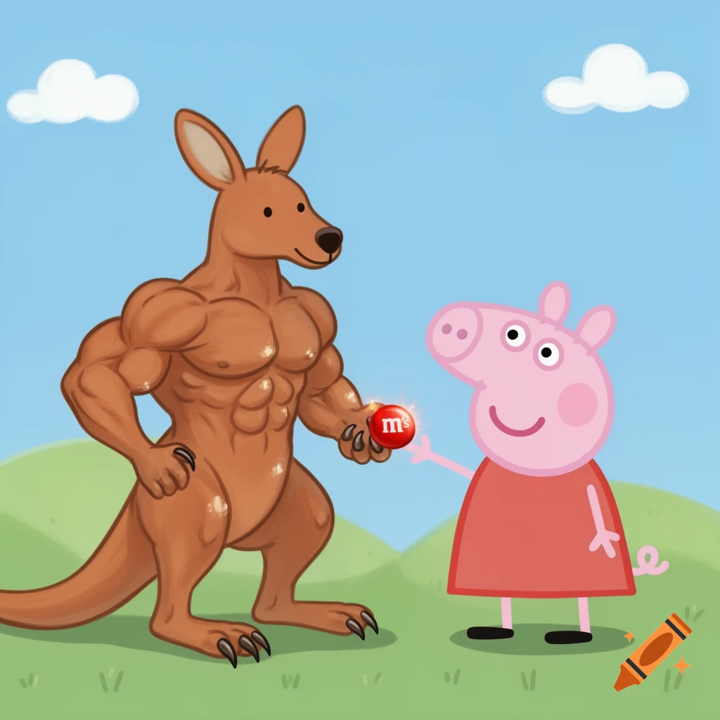 A muscular, brown kangaroo with large claws offers a red M&M's candy to a smiling Peppa Pig in a cartoon scene.