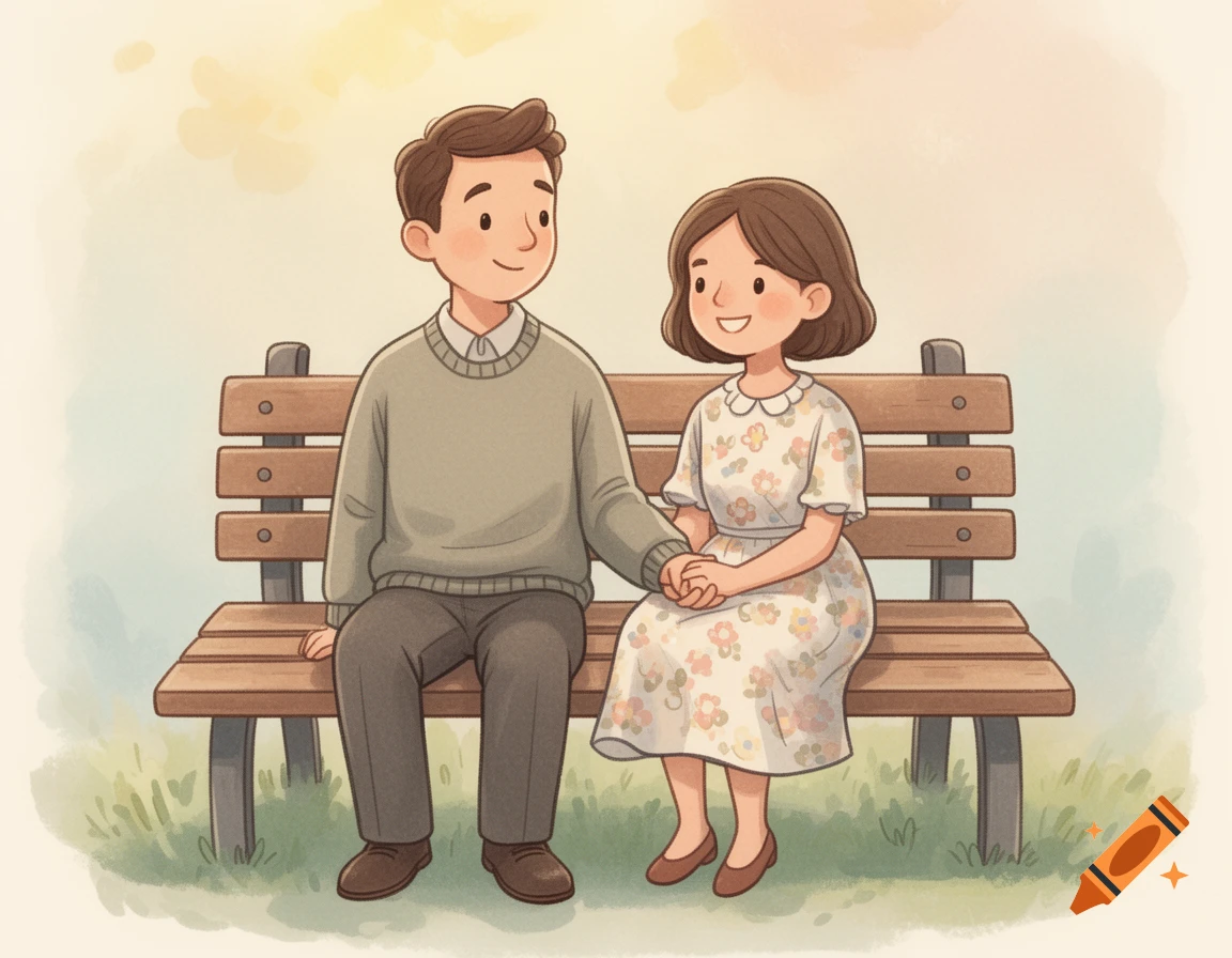 A smiling cartoon couple in children's book style sits on a park bench, holding hands.