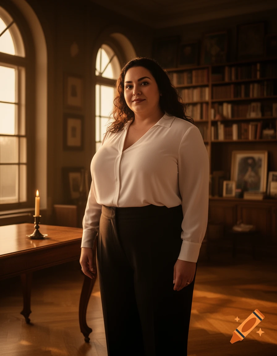 A photorealistic full-shot portrait of a woman in a white blouse and black pants standing in a warm-lit room with large windows and a bookshelf.