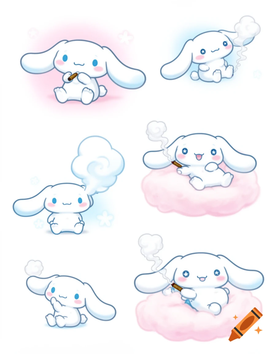 Six cartoon Cinnamoroll characters, white puppies with long ears, smoking blunts and exhaling smoke, some on pink clouds, on a white background.