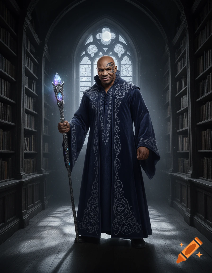 Mike Tyson as a dark wizard, holding a glowing staff in a grand library with a moonlit Gothic window.