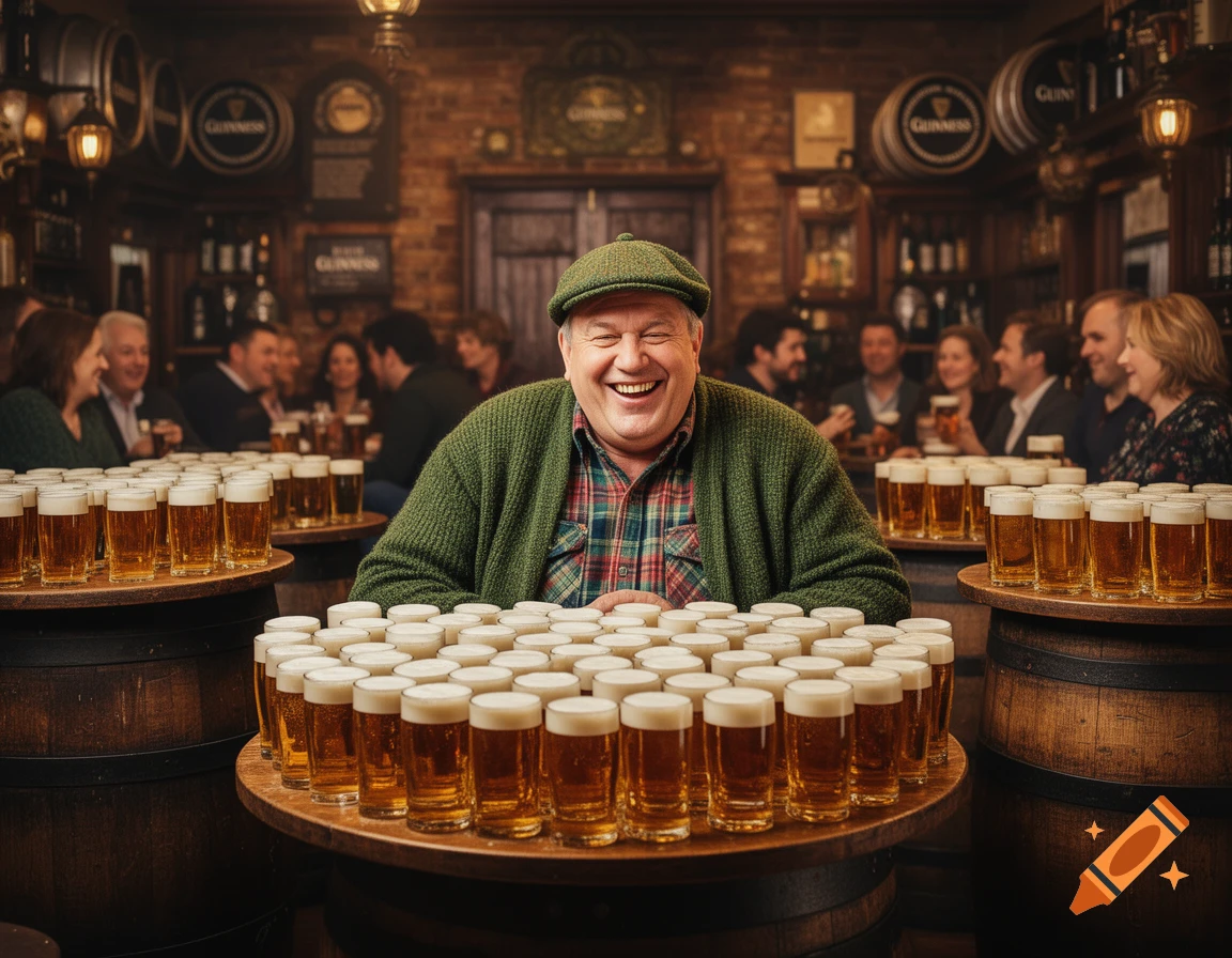 A happy man in a green cap laughs cheerfully in a traditional pub, surrounded by numerous glasses of beer on wooden tables.