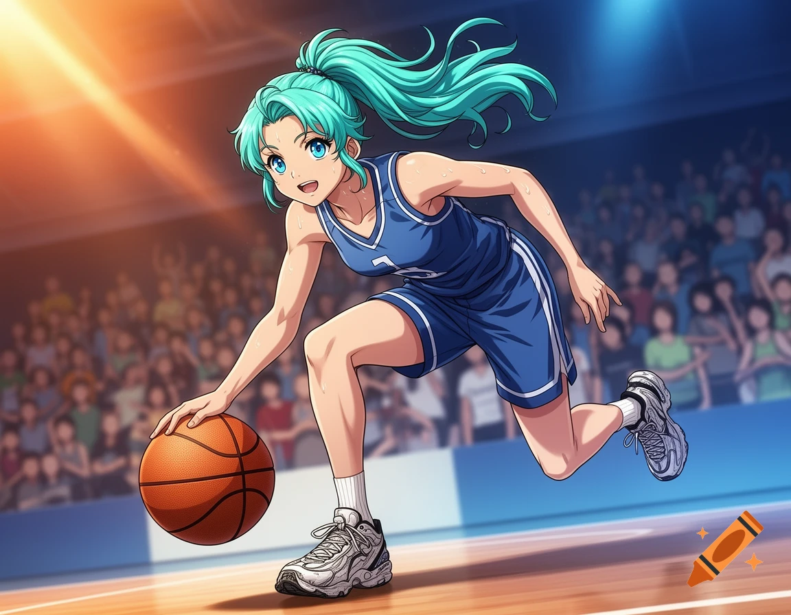 Anime-style female basketball player in a blue jersey dribbling a ball on a court with a crowd in the background.