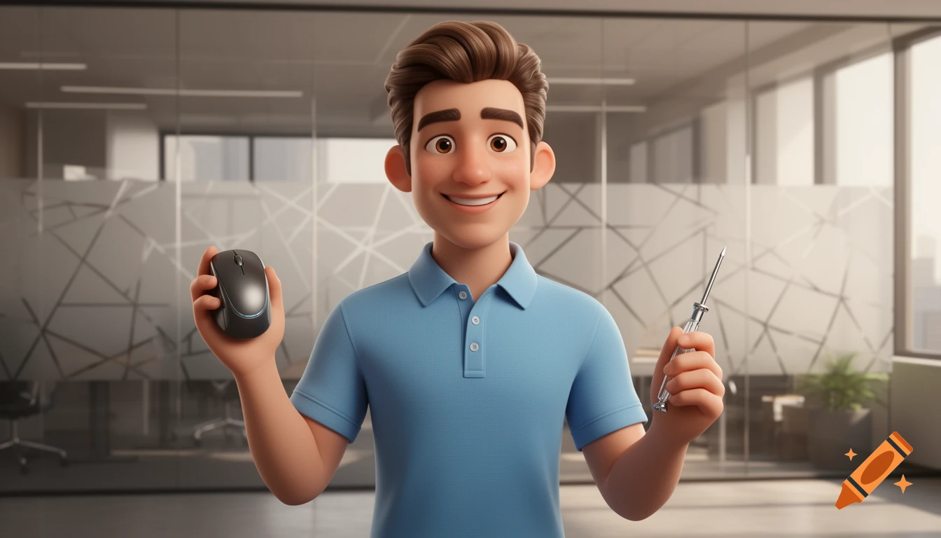 Friendly 3D male character in a blue polo shirt smiling, holding a computer mouse and screwdriver in a modern office.