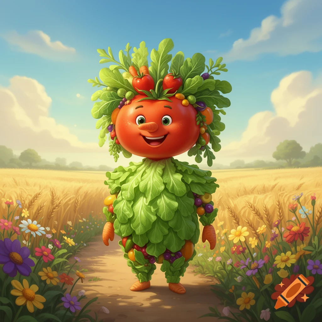 A smiling, cartoon character with a tomato head and lettuce body, adorned with fruits and vegetables, in a wheat field with wildflowers.