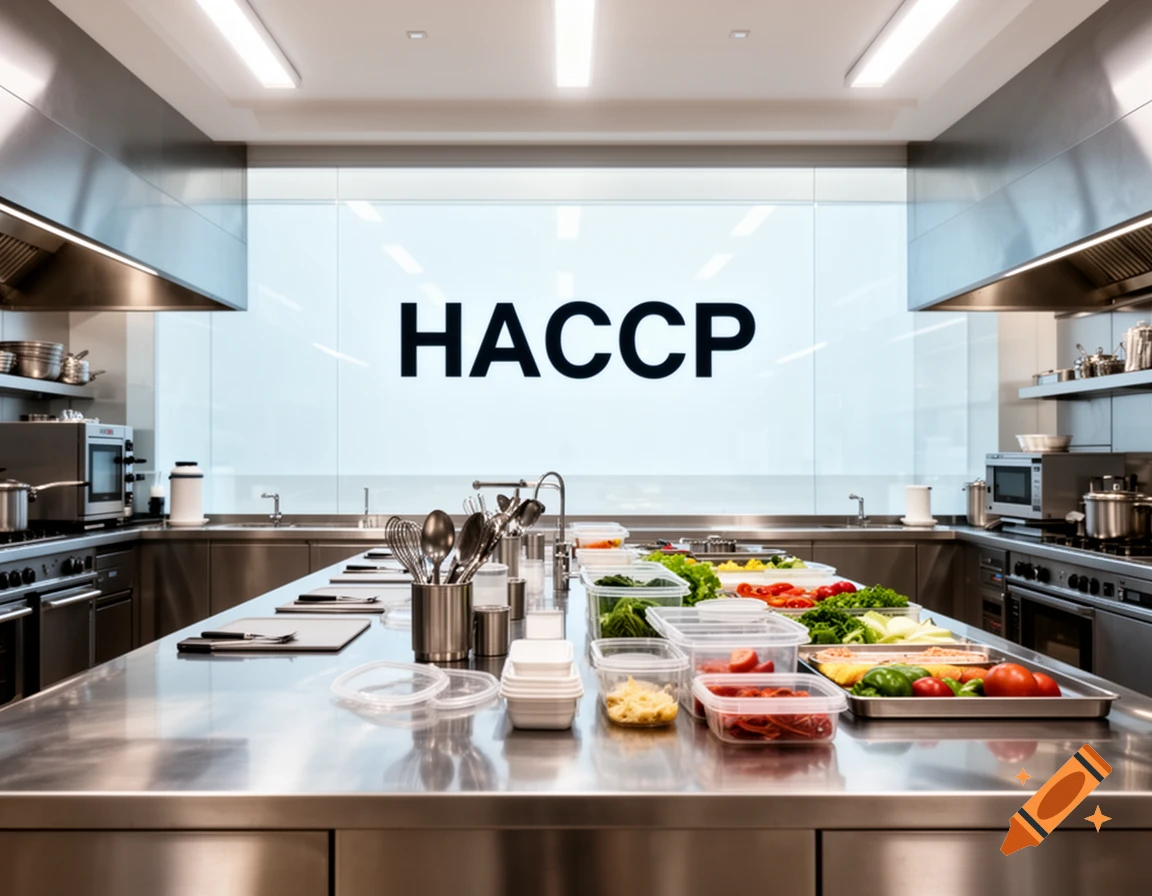 A professional stainless steel commercial kitchen with a large sign saying HACCP on the back wall. Fresh vegetables are prepped in containers on a metal island.
