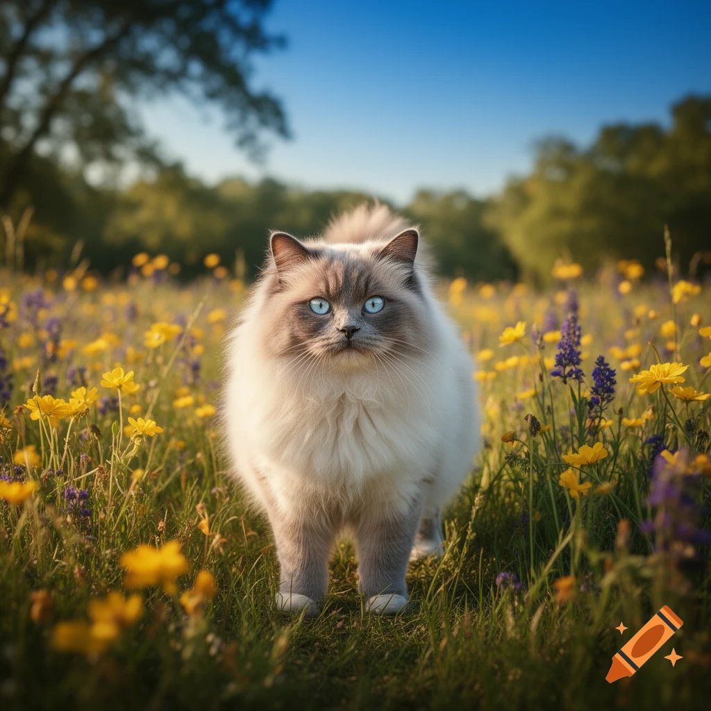 A fluffy Ragdoll cat with striking blue eyes stands in a vibrant field of yellow and purple wildflowers under a clear blue sky.