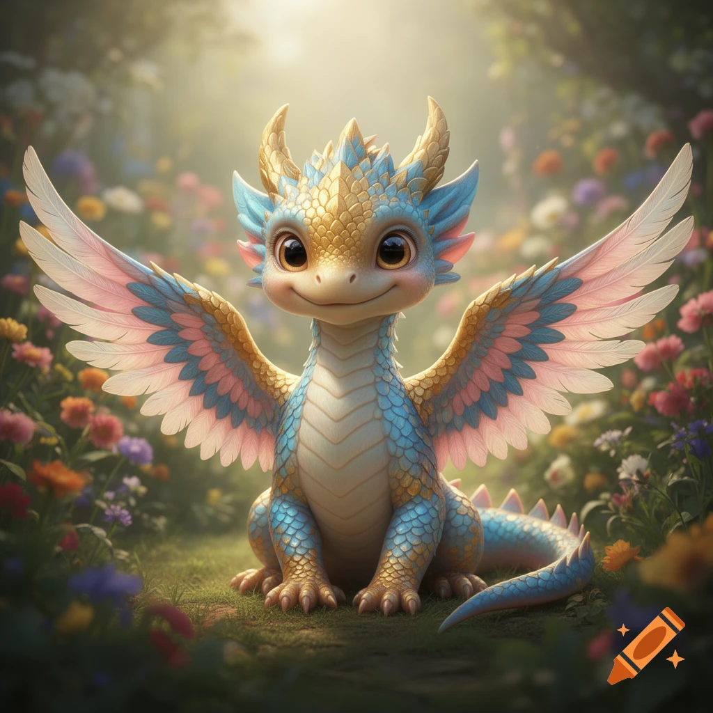 A cute baby dragon with gold, blue, and pink scales and feathered wings sits in a field of colorful flowers.