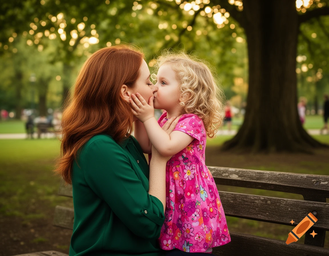 A woman with red hair and a young child with blonde curls share a kiss on a park bench.