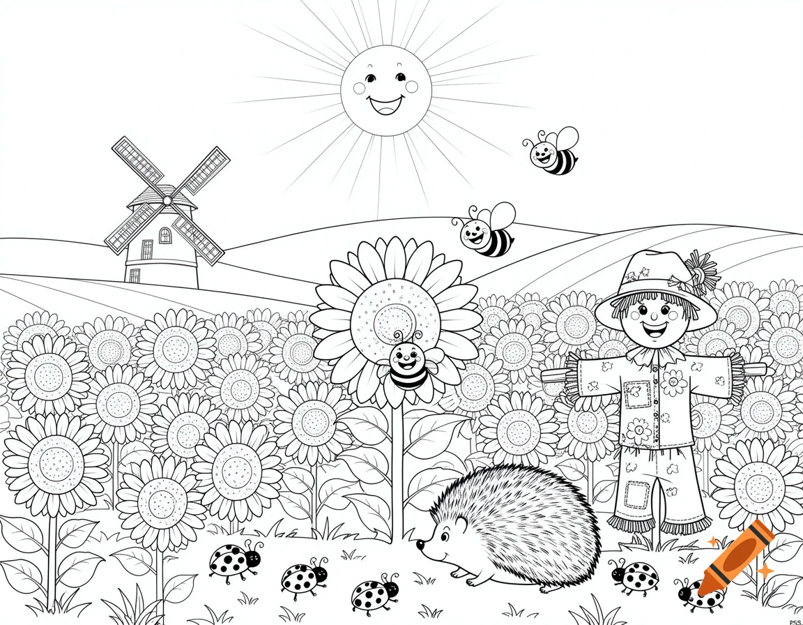 A whimsical black and white coloring page depicts a sunflower field with a smiling sun, a windmill, a scarecrow, bees, ladybugs, and a hedgehog.