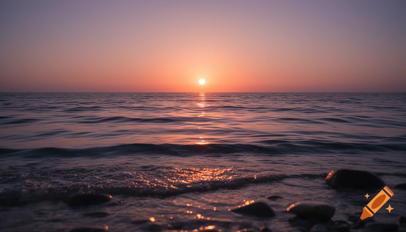 A tranquil sunset over the ocean, with the sun low on the horizon casting a golden glow on the water and a rocky shore.