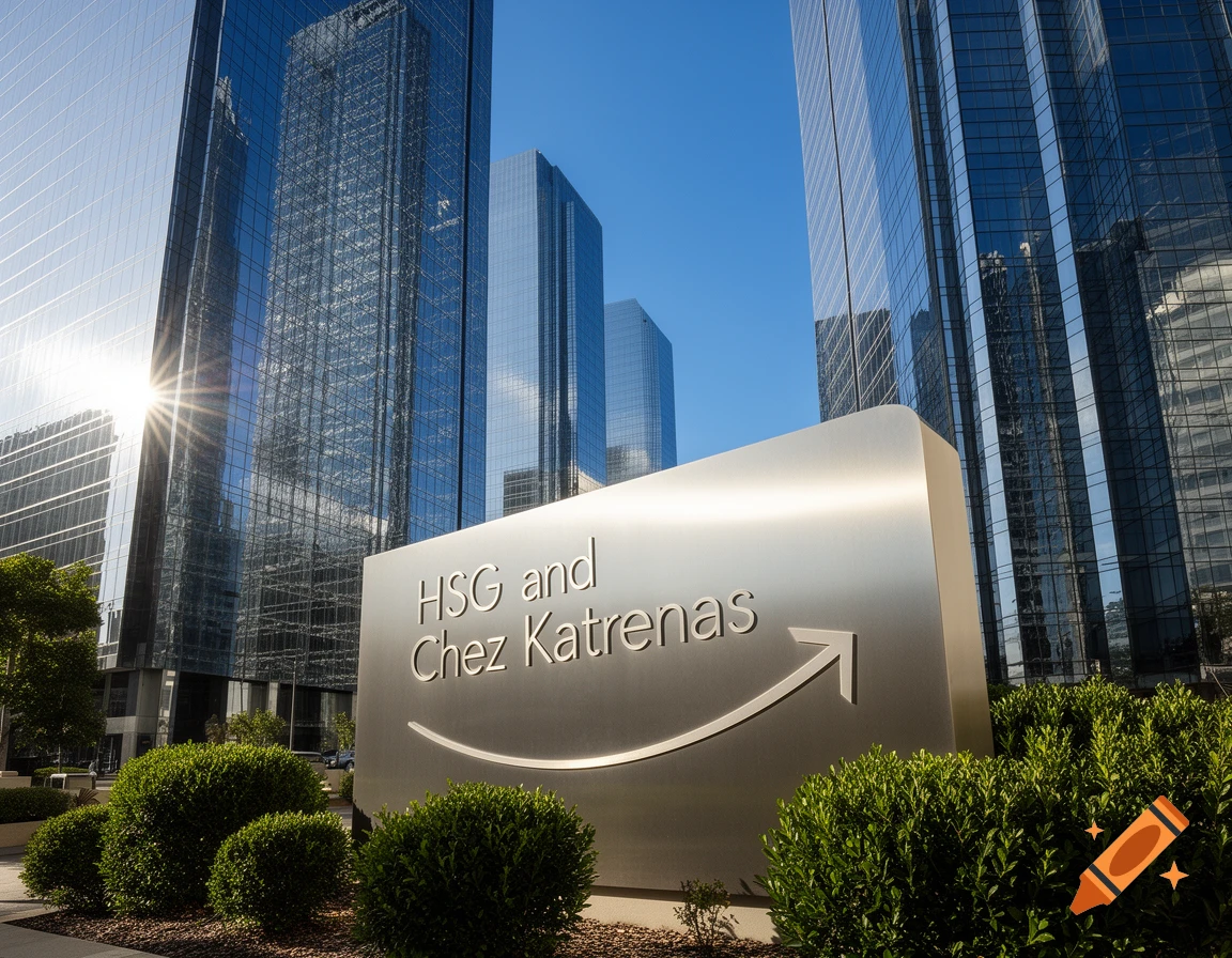 Photorealistic view of gleaming glass corporate buildings with a silver sign displaying 'HSG and Chez Katrenas' and an arrow, surrounded by green bushes under a clear sky.