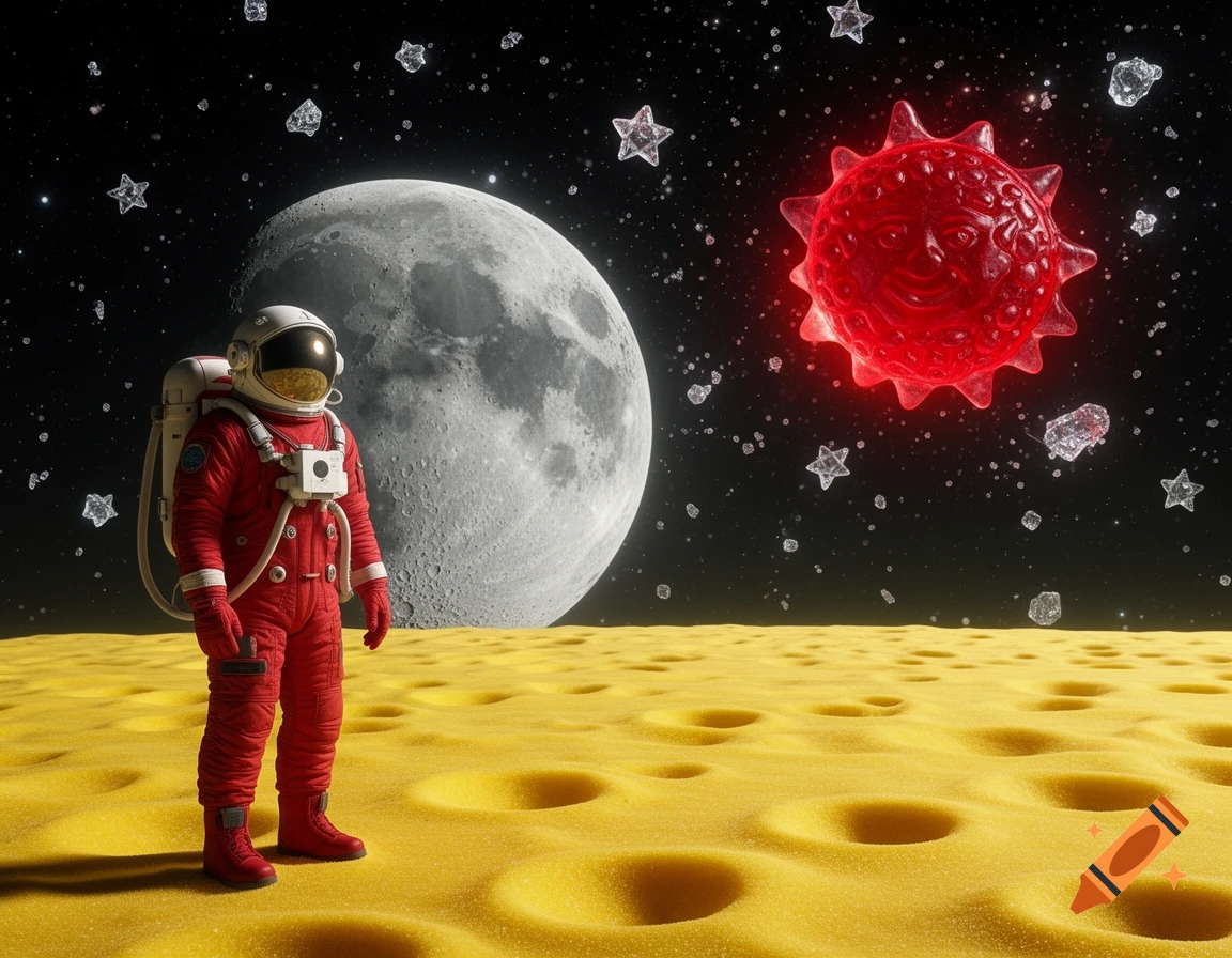 A photorealistic astronaut in a red suit stands on a yellow, cratered surface, with a large moon and a red gummy sun in a starry black sky.