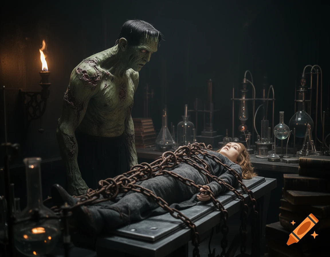 Frankenstein's creature looks down at a chained woman on a slab in a dark, ominous laboratory, photorealistic.