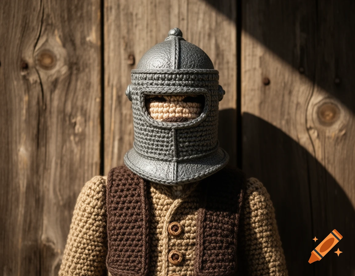Close-up of a crocheted figure wearing a grey helmet and a brown and beige crocheted vest, against a sunlit wooden wall.