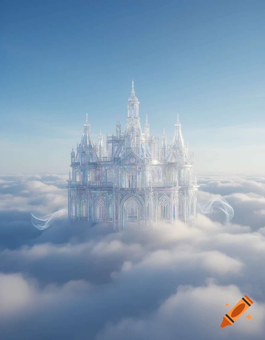A majestic, iridescent crystal castle floats above soft white clouds under a clear blue sky.