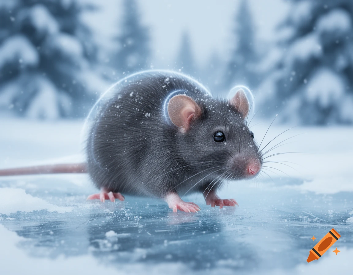 A photorealistic black rat with a faint blue glow around its body stands on an icy surface in a snowy forest.