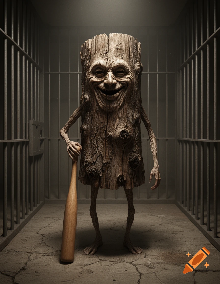 A creepy, smiling wooden log creature with stick limbs holds a baseball bat in a dimly lit jail cell, looking menacing.