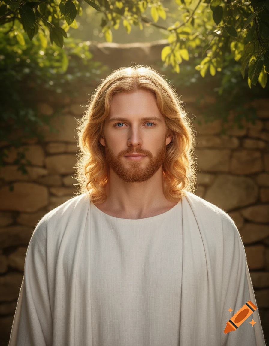 Photorealistic portrait of a man with long golden hair and beard, blue eyes, in a white robe, against a stone wall and sunlit foliage.