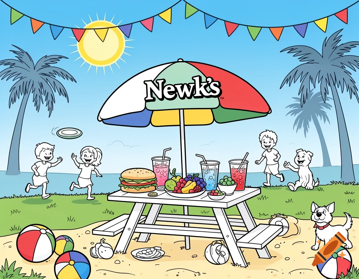 A line art coloring page showing children and dogs playing on a beach with a picnic table under a "Newk's" umbrella, with beach balls and palm trees.