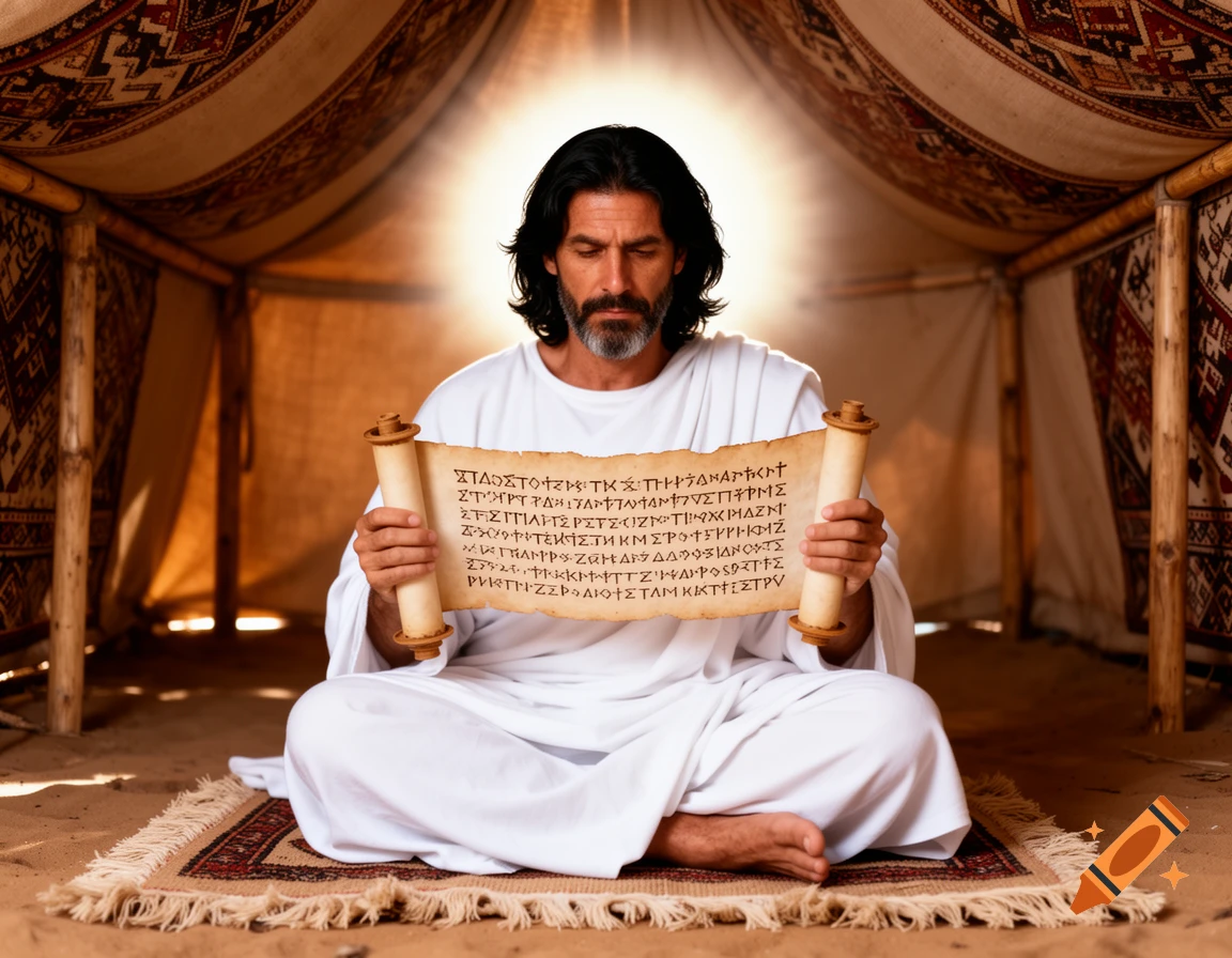 A man in a white toga sits cross-legged in a desert tent, a halo of light around his head, intently reading a scroll with illegible ancient script.