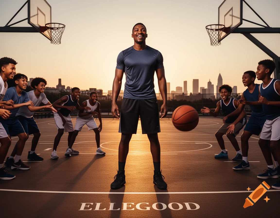 A man stands on an outdoor basketball court with a group of smiling children and a basketball mid-air, a city skyline at sunset.